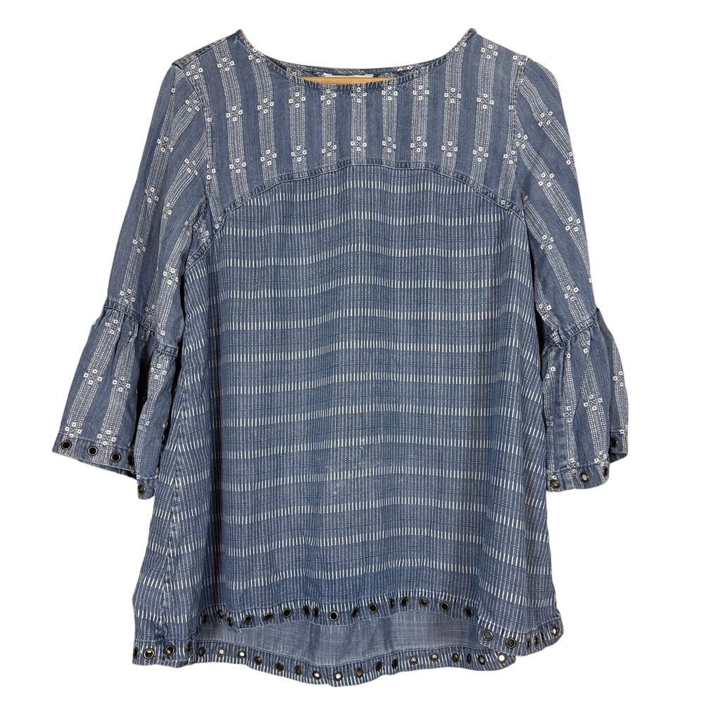 John Mark Chambray Eyelet Top Womens Medium Blue Bell Sleeveless Boho Grommet